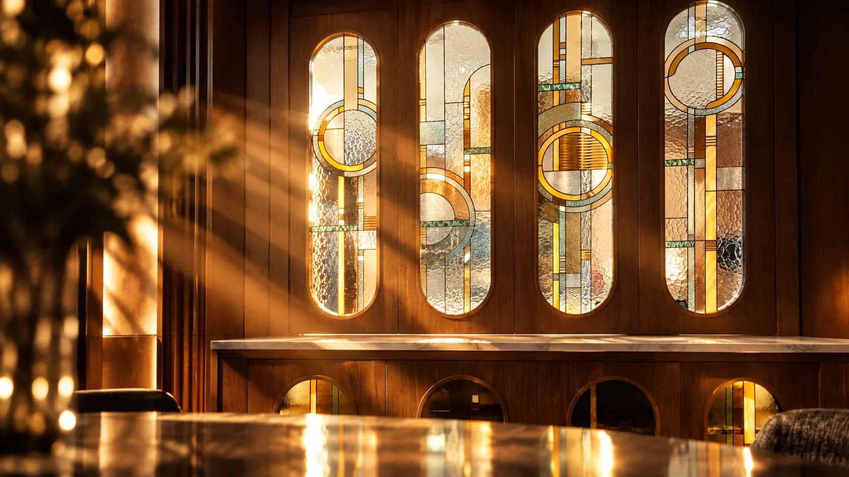 Panneaux vitrail Art Deco en arches sur boiserie bois chaud, lumiere ambree