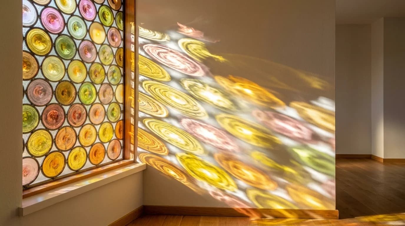 Vitrail projetant sa lumière colorée dans un intérieur